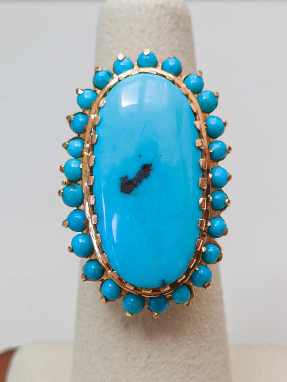 French 18K Gold Turquoise Halo Ring, Shell-Hallmarked 750, Sz 6.5